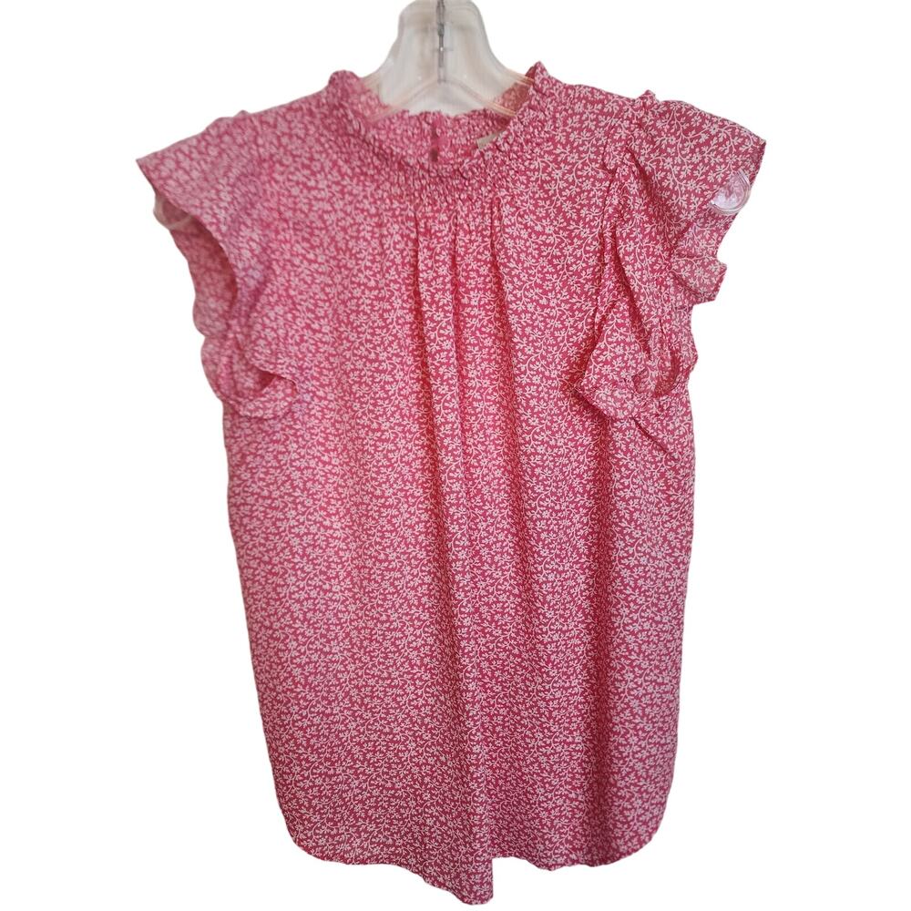 LOFT Outlet High Neck Pink/White Ruffle Cap Sleeve Blouse, XS